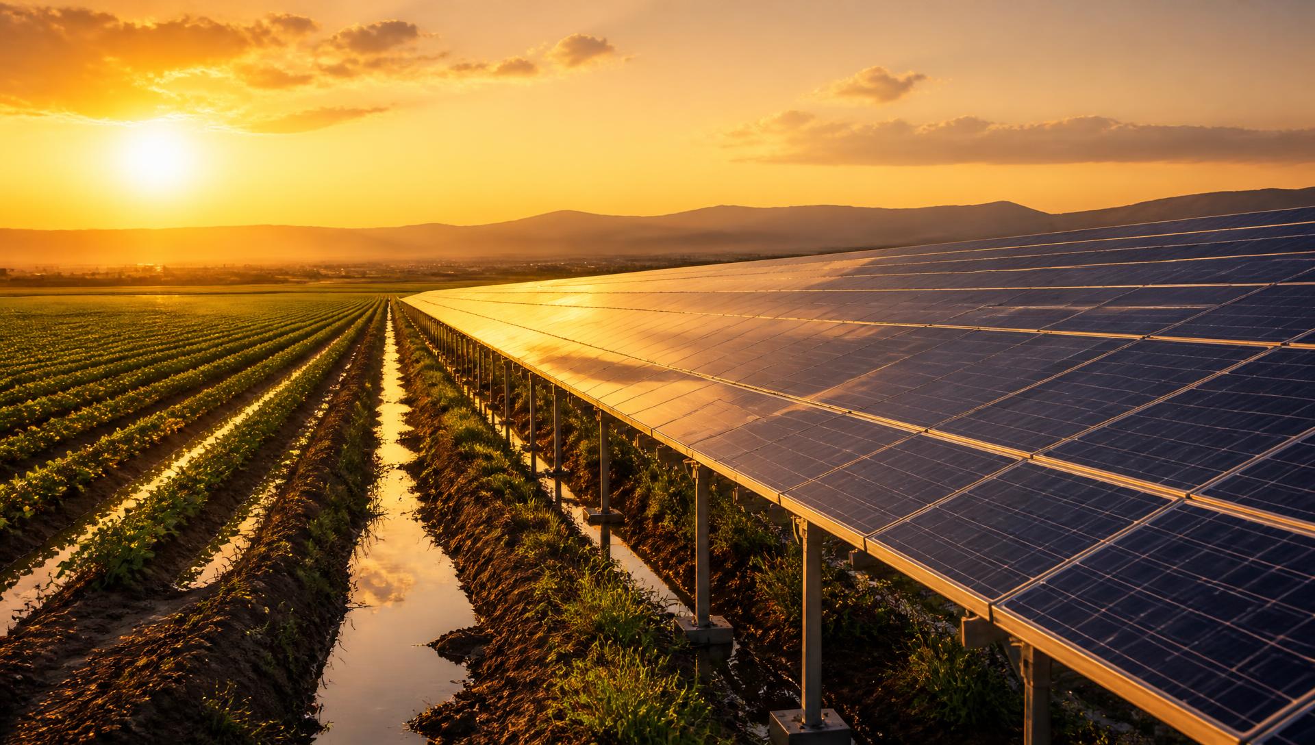 Solar panel array beside irrigated farmland at golden hour